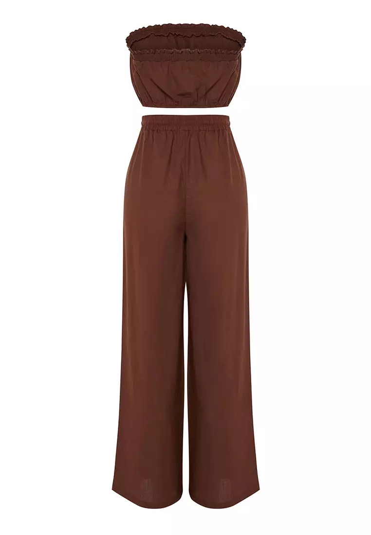 Brown  Weaving 100% Cotton Blouse Trousers Beach Set TBESS21AU0444