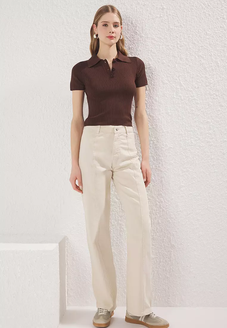 Stone Stitch Detail High Waist Wide Leg Jeans TWOSS25JE00034