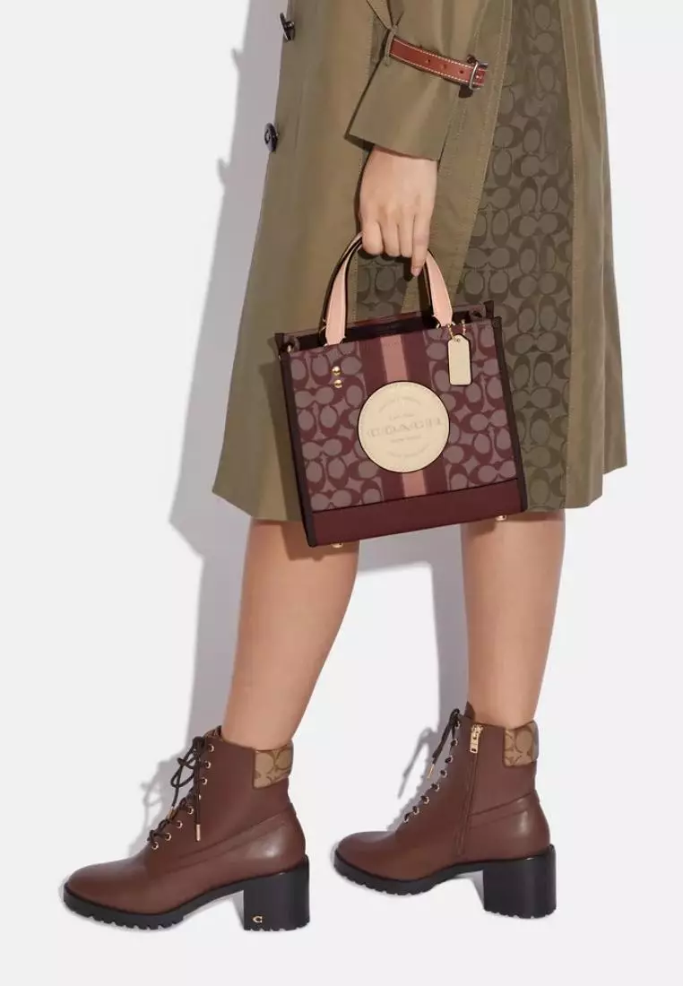 Coach Dempsey Tote 22 In Signature Jacquard With Stripe And Coach Patch Wine Multi