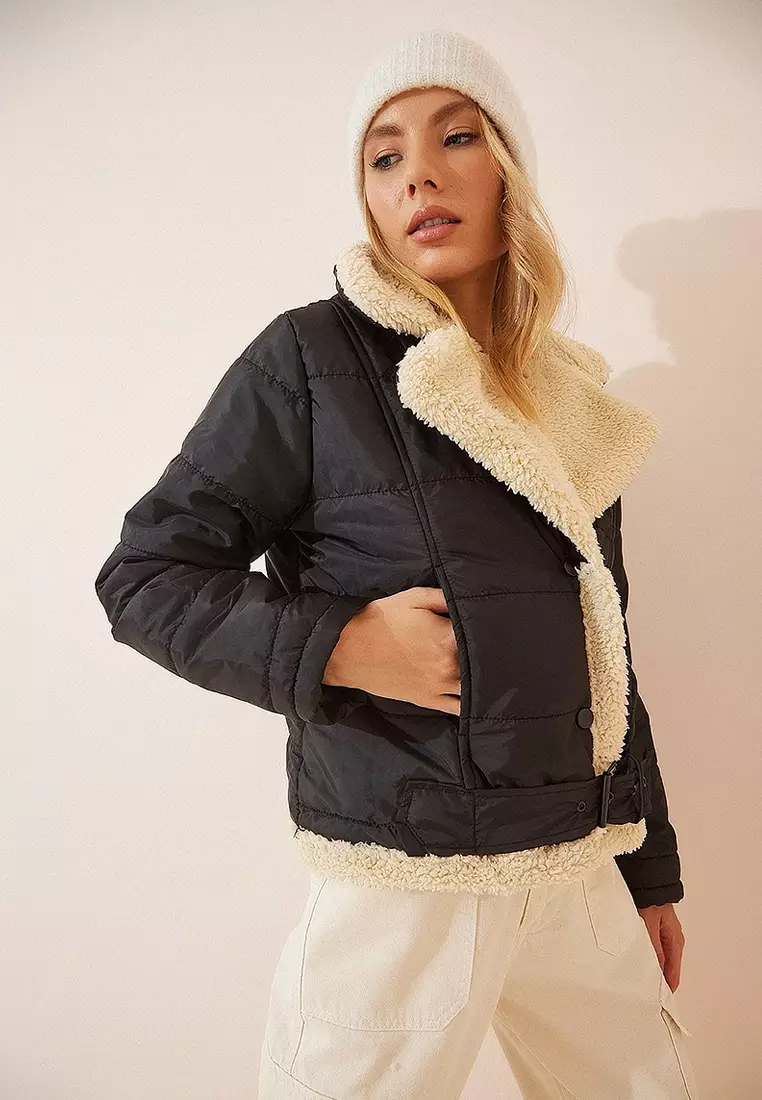 Faux Leather Faux Wool Crop Pilot Jacket