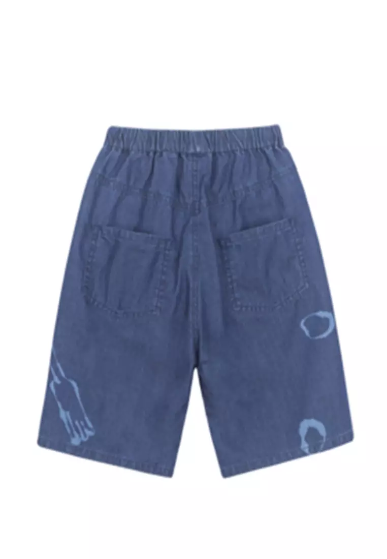 Denim Shorts With Letter And Graphic Print