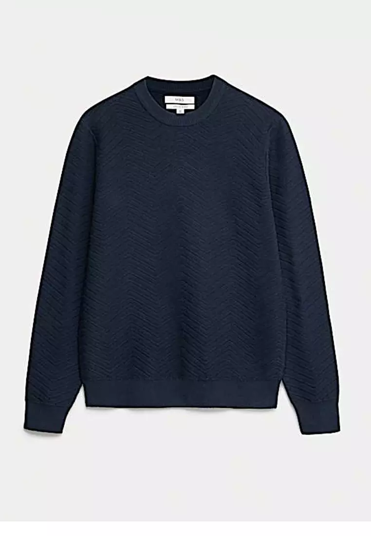 Cotton Blend Herringbone Crew neck Jumper