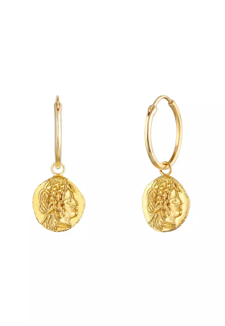 Earrings Creoles Coin Platelet Vintage Look In Gold Plated
