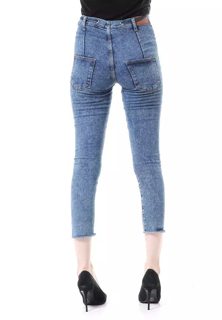 Anita Celana Jeans High Waist Bawahan Wanita Motif Polos Regular Fit - Snow Biru