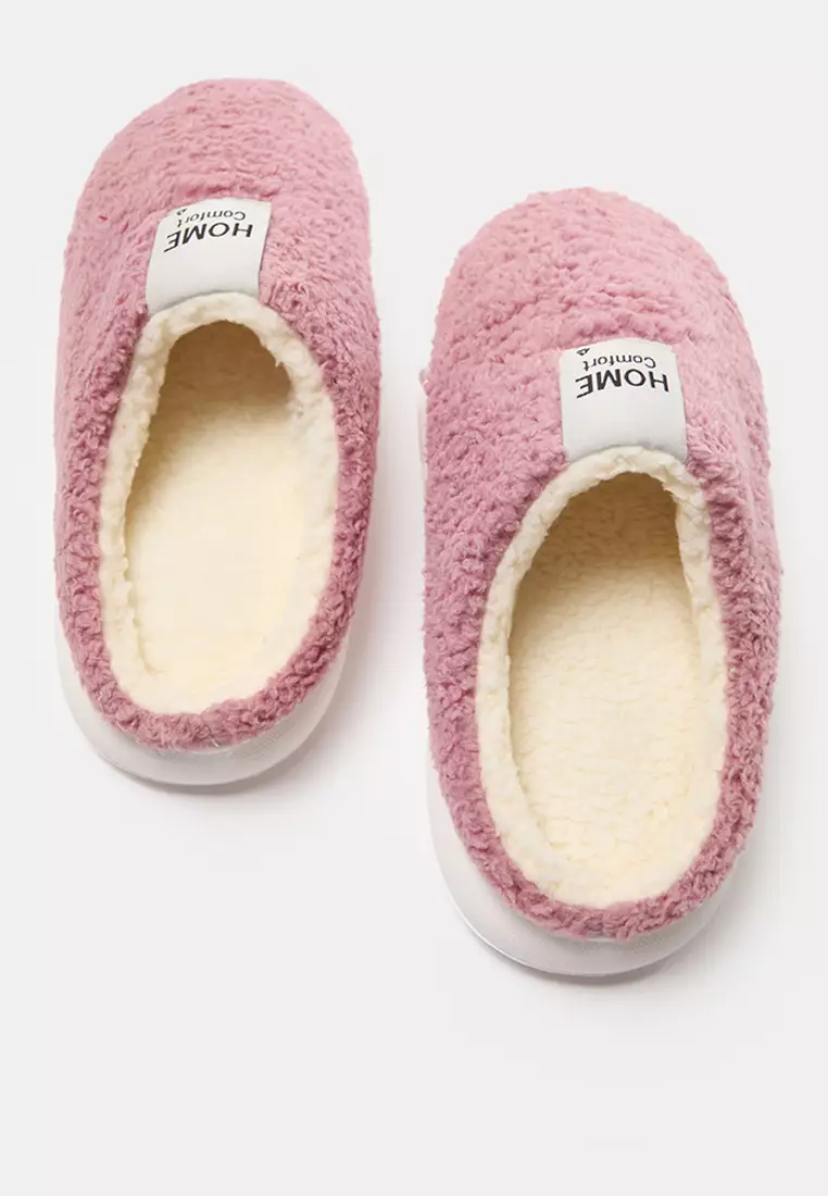 Dusty Rose Plush Woven Label Detailed Women's House Slippers Takaw25Er00012