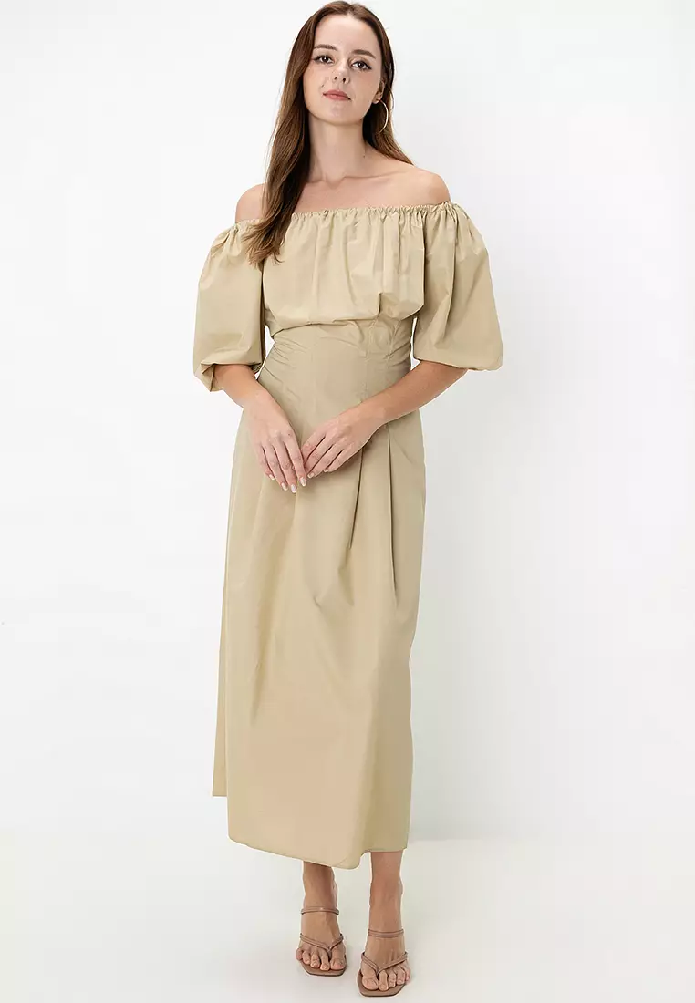Clean Cotton Corset Waist Off Shoulder Maxi Dress