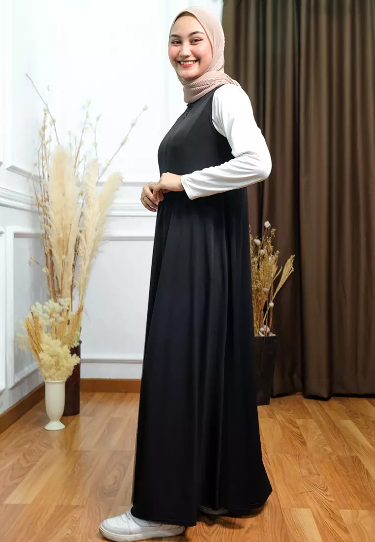 JV Hasanah Adelia Zipper Breastfeeding Dress Black | Gamis Kensy Jersey Busui Friendly