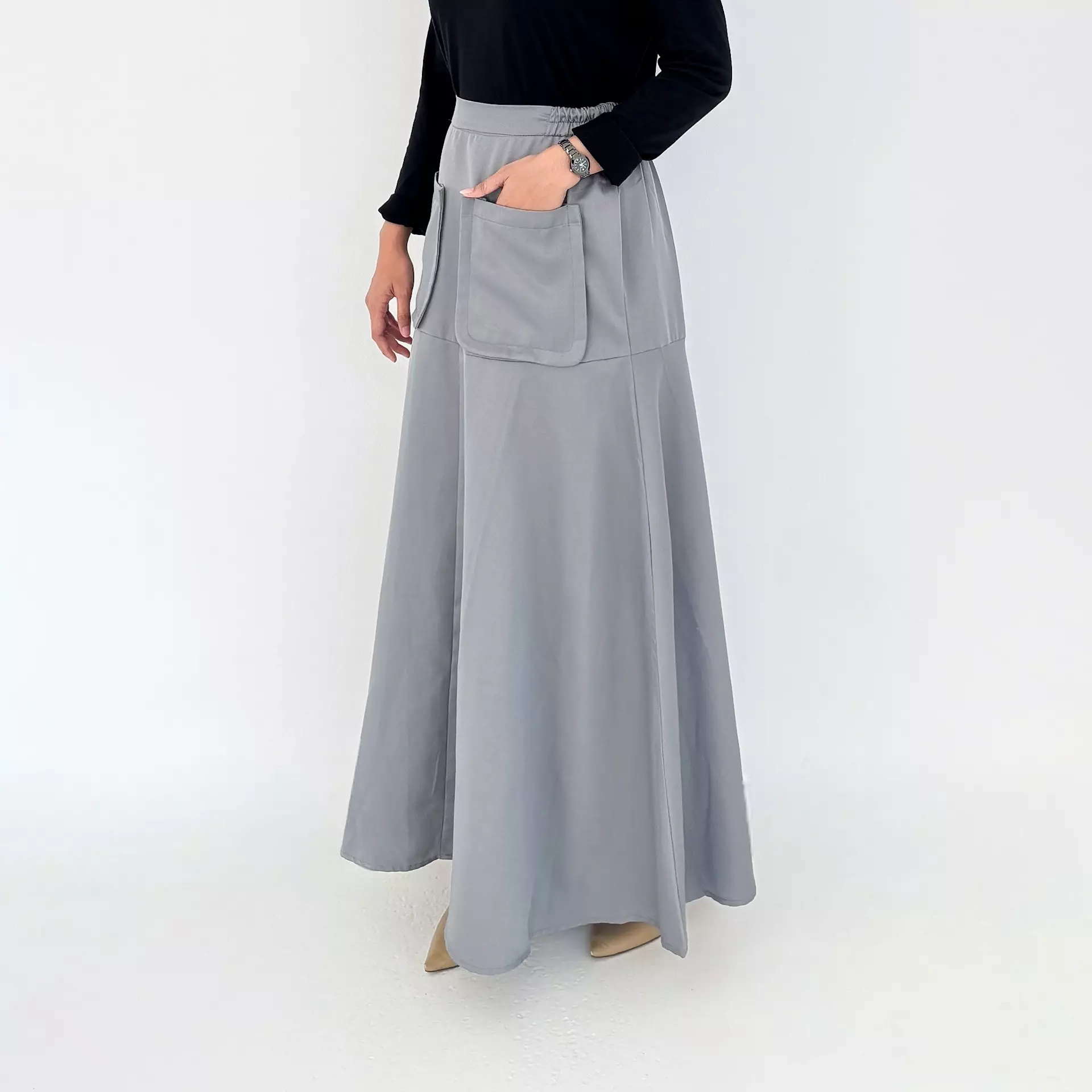 Flare Skirt Agatha (Rok Panjang Katun Wanita) Abu Muda