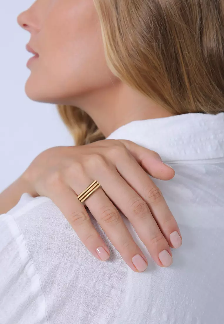 Ring Signet Rectangle Grooves Gold Plated