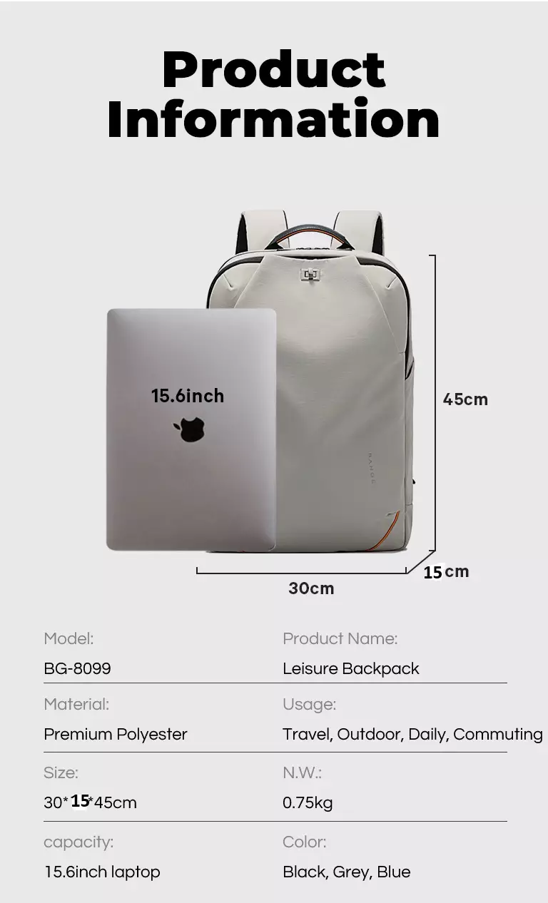 BANGE Tas Ransel pria Laptop Kerja Backpack Pria BG8099-Grey