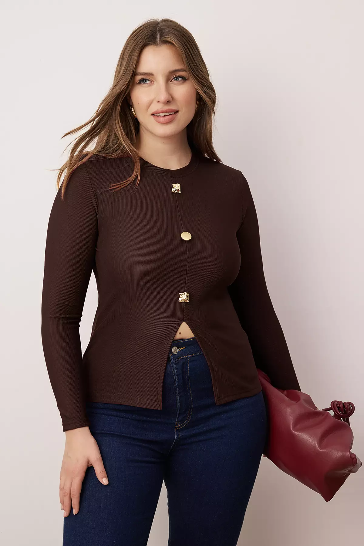 Brown Accessory Buttoned Long Sleeve Ribbed Knitted Plus Size Blouse Tbbaw26Af00078