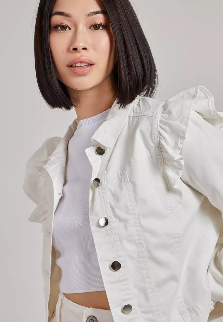 Denim jacket with frill shoulders best sale