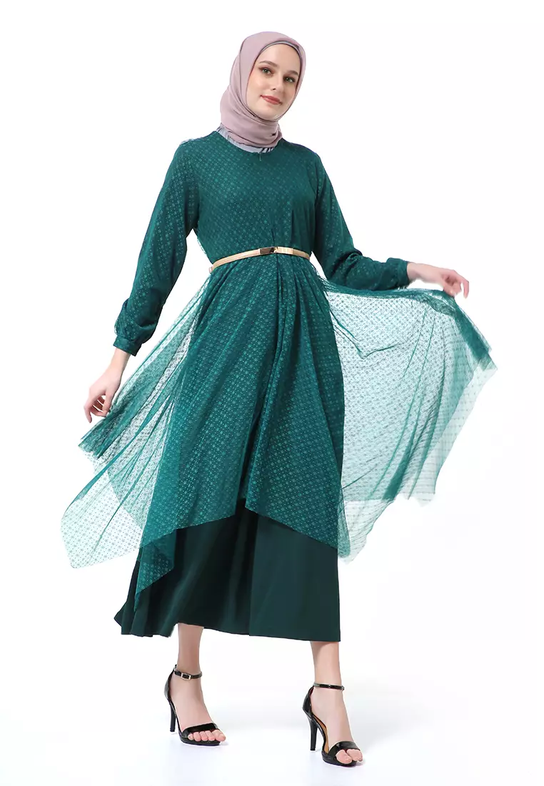 Zahwa Long Dress Gamis Muslimah Long Sleeve Free Belt High Quality - Deep Green