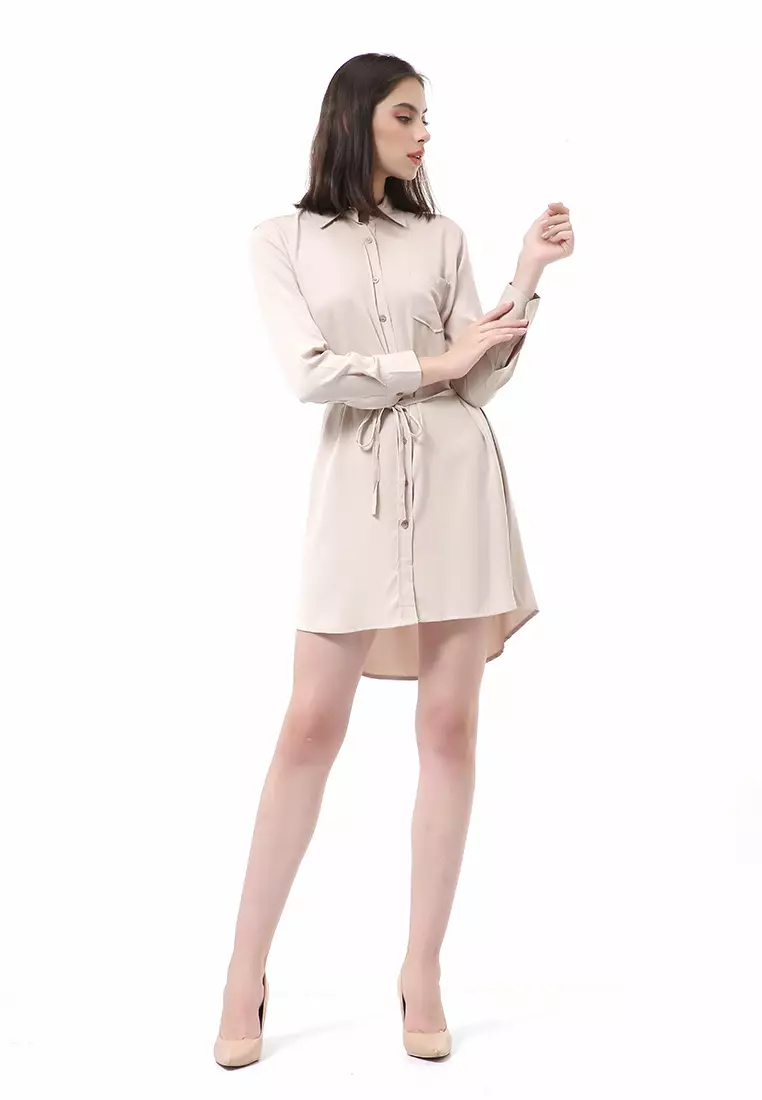 Rachel Dress Wanita Model Kemeja Full Kancing Long Sleeve Material Twill Rayon ORIGINAL - Khaki