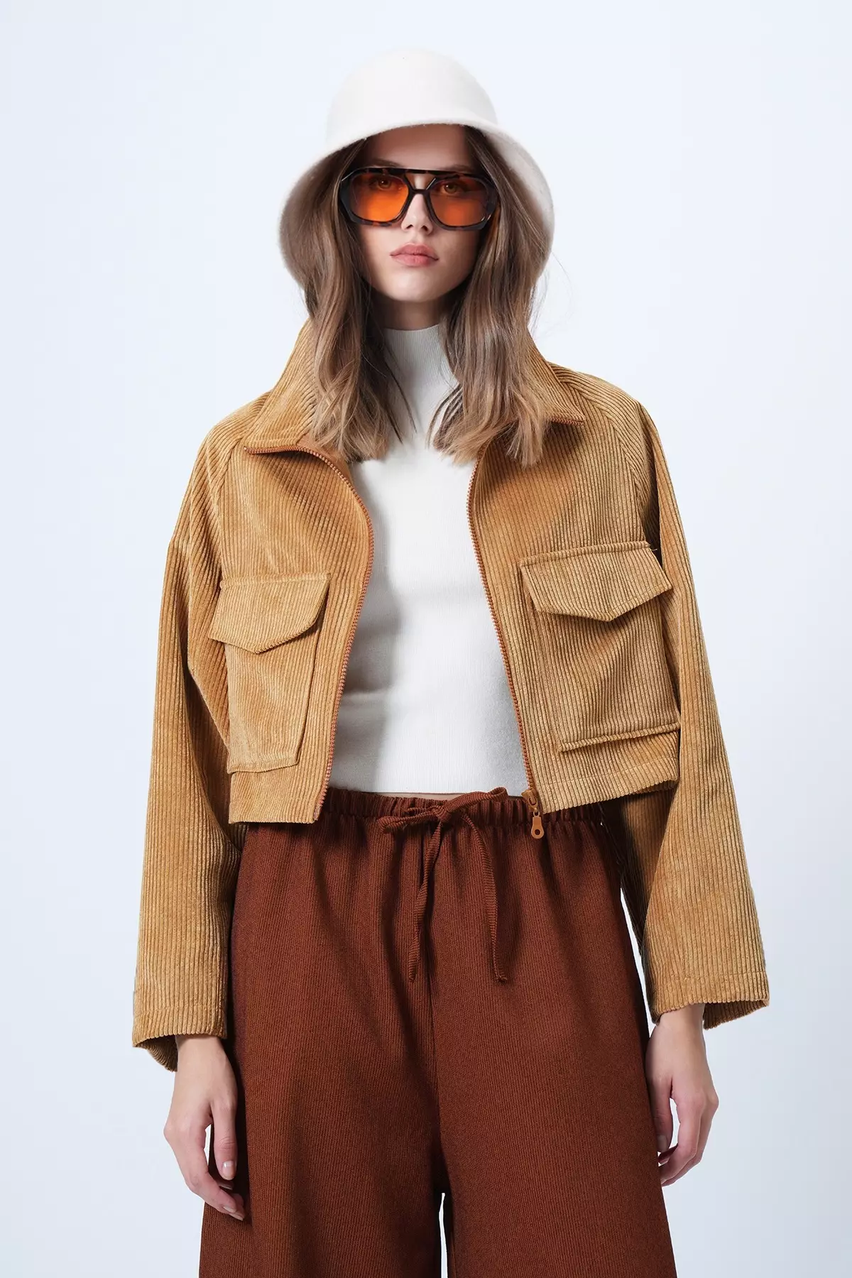 Mustard Double Pocket Raglan Sleeve Velvet Jacket Alc-X14604