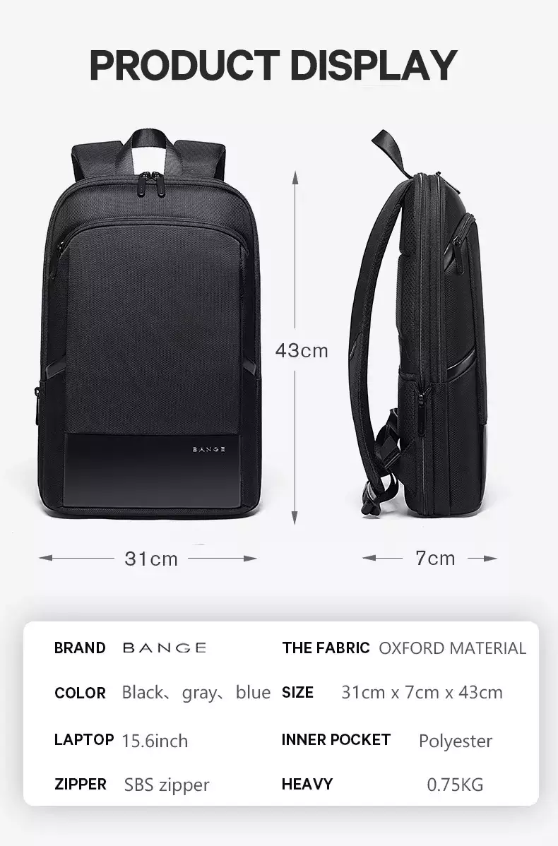 Bange Tas Ransel pria Laptop Kerja Backpack Pria 17 Inch BG77115- BLACK