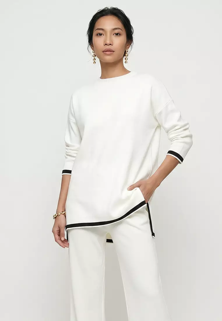 Women's Beige Crew Neck Stripe Detailed Knitwear Tunic and Trouser Set