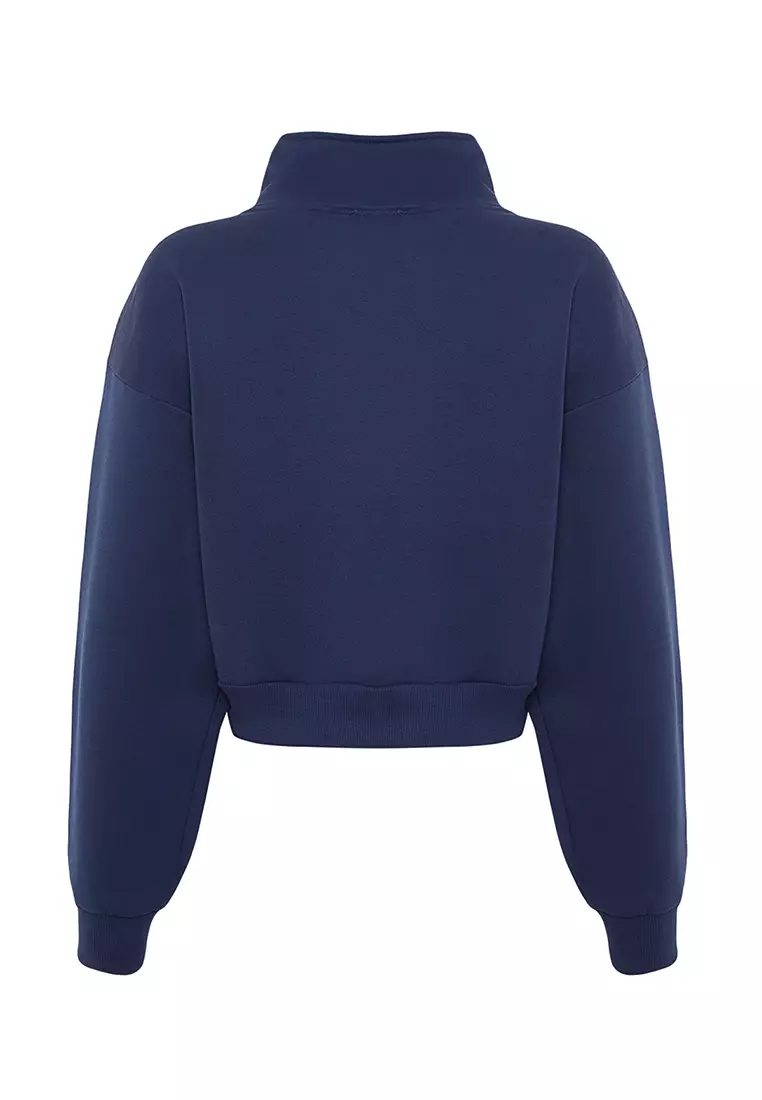 Navy Blue Relaxed Fit Crop Basic Zippered Stand Collar Thick Fleece Inside Knitted Sweatshirt
