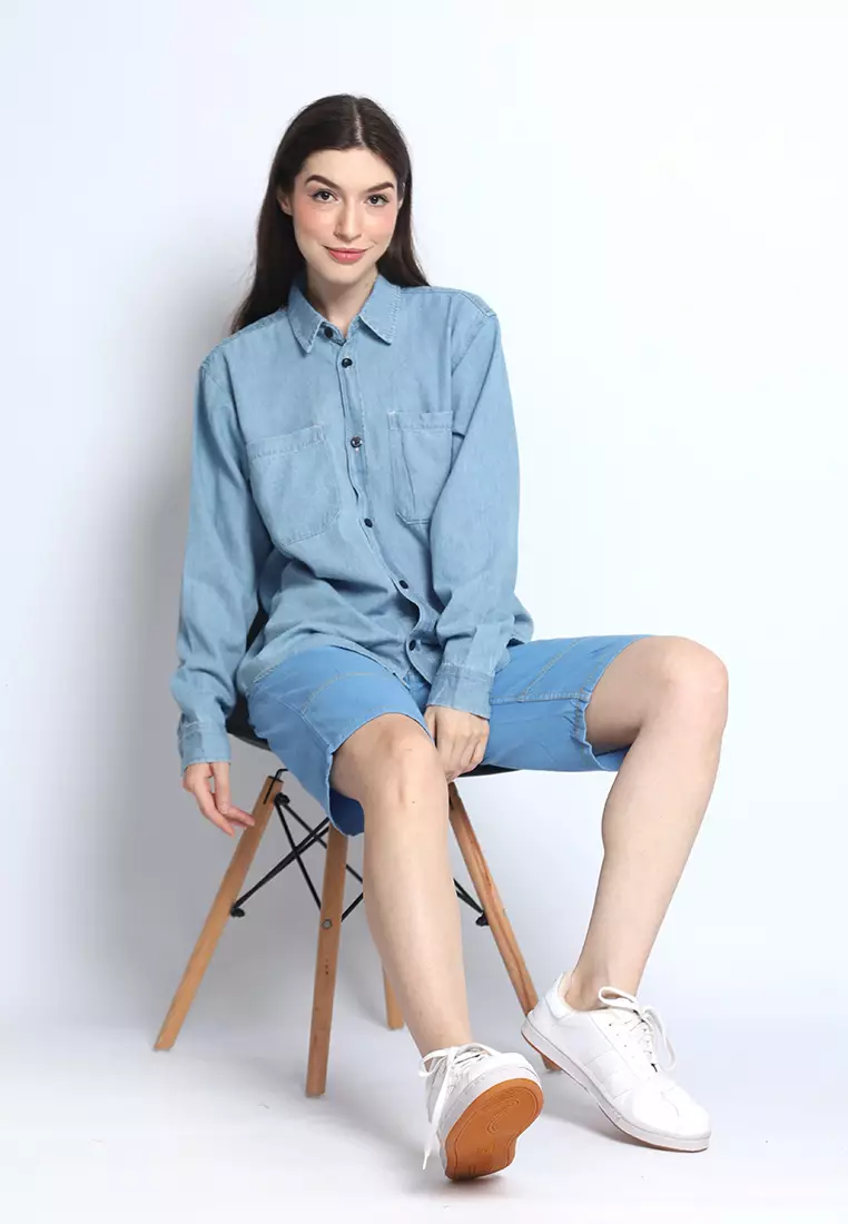 Kemeja Denim Wanita Skena L/S Krah Mandarin Saku Besar 282408