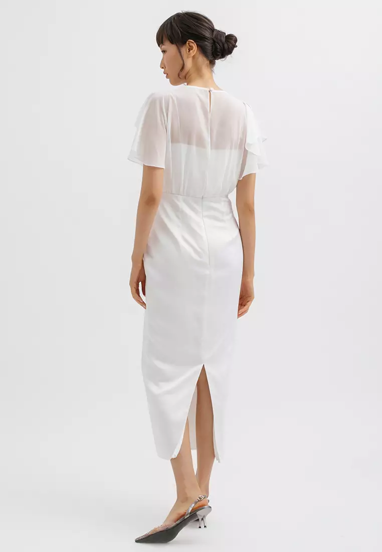 High Neck Drapery Sleeve Midi Dress in White
