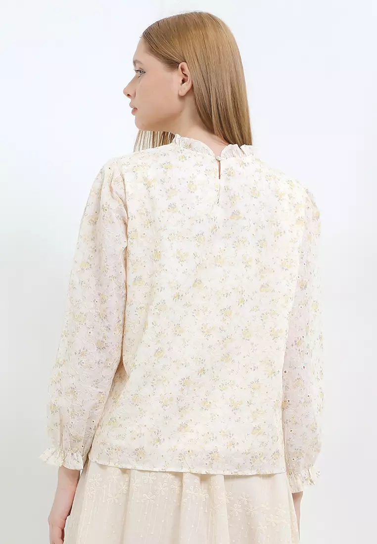 L/S Flo Print Eyelet Emb W/ Ruffles On Neck