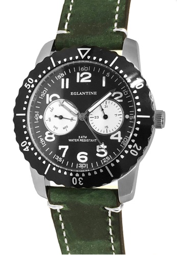 EGLANTINE black and green and silver EGLANTINE® Terrenz Unisex Military Steel Quartz Watch, Black Dial on Dark Green Leather Strap 6F9A2AC79CF16AGS_1