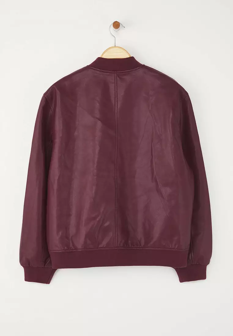 Claret Red Regular Fit Faux Leather Bomber Thin Plus Size Jacket Coat
