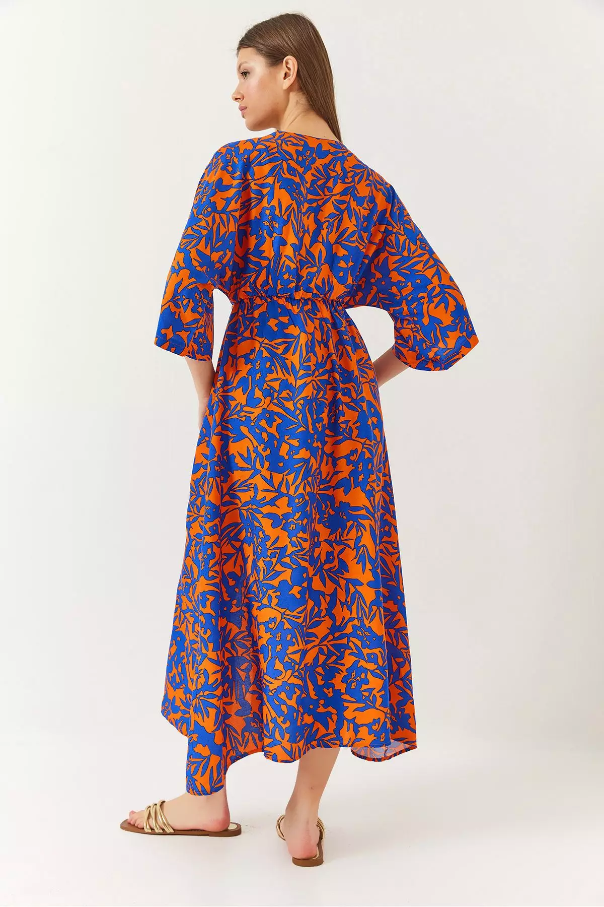 Women's Double Breasted V Neck Front Slit Detail Print Dress 60261411