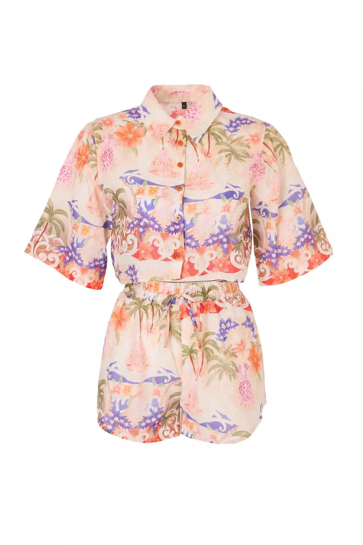 Tropical Patterned Woven Mini 100% Cotton Beach Shirt Shorts Set Tbess26Au00063