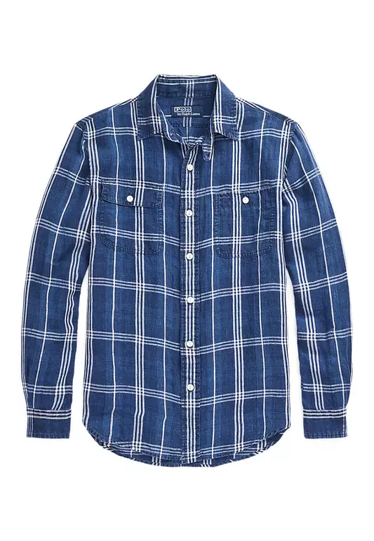 Classic Fit Indigo Plaid Linen Workshirt
