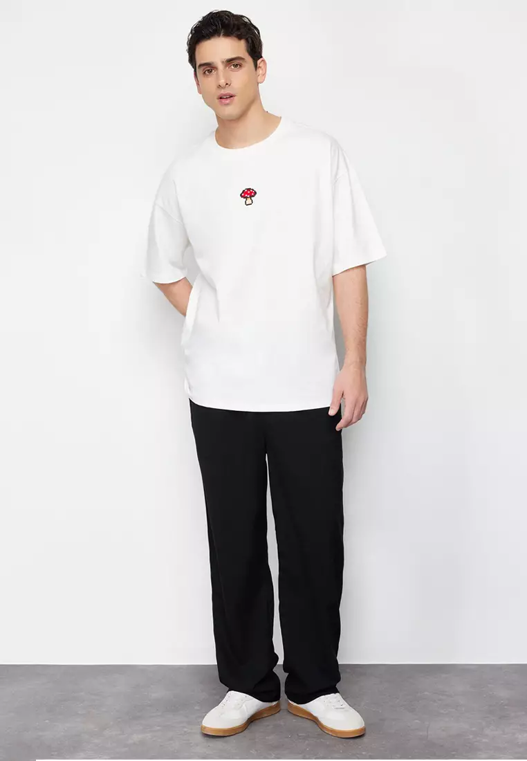 Ecru Unisex Oversize/Wide Cut Mushroom Embroidered 100% Cotton T-Shirt TMNSS24TS00070