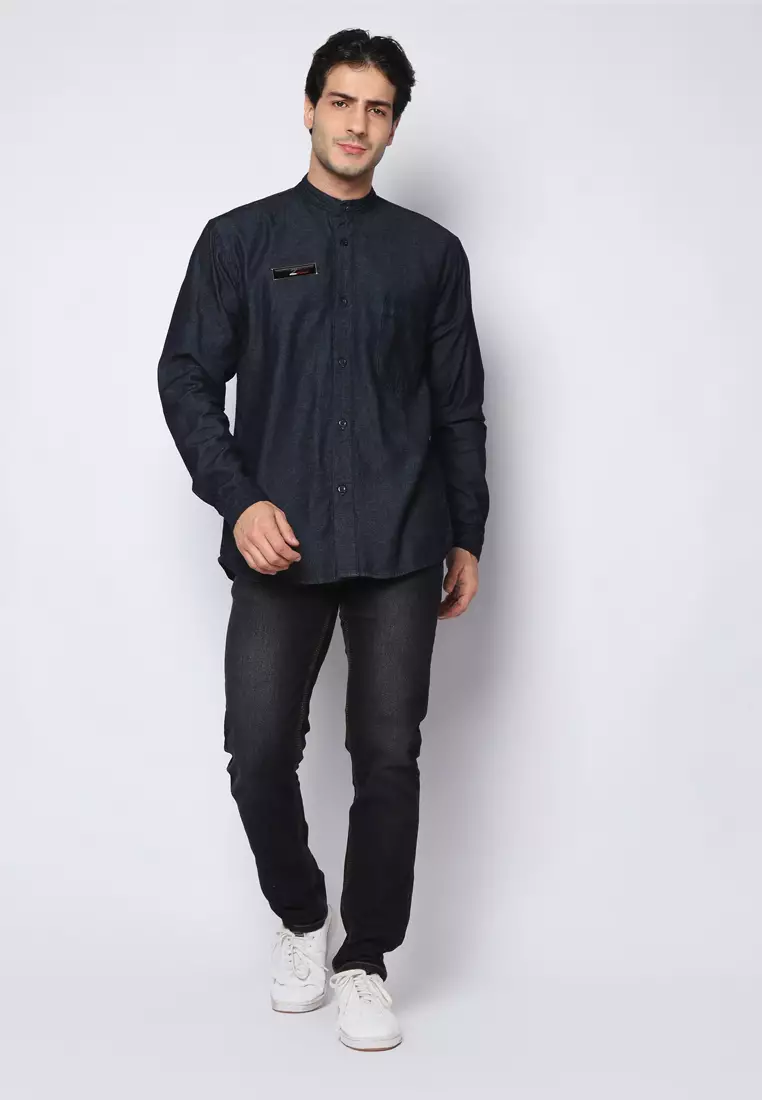 Kemeja Denim Glorys Krah Mandarin KT L/S Black 182501