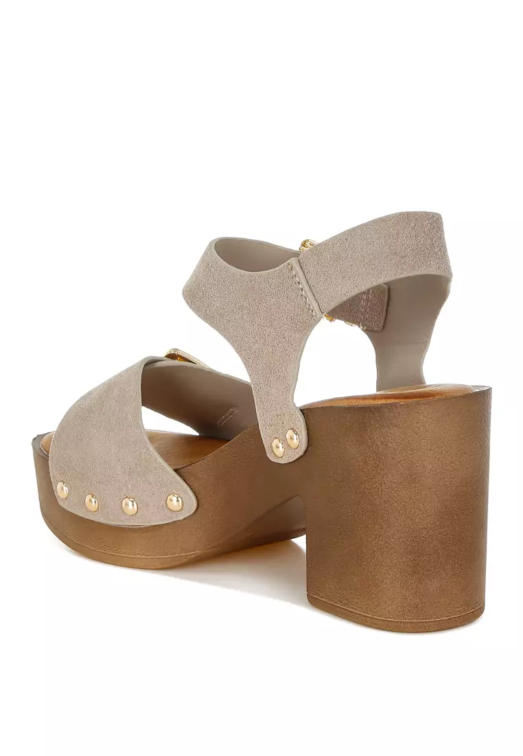 Real Suede Leather Clog Sandals In Beige