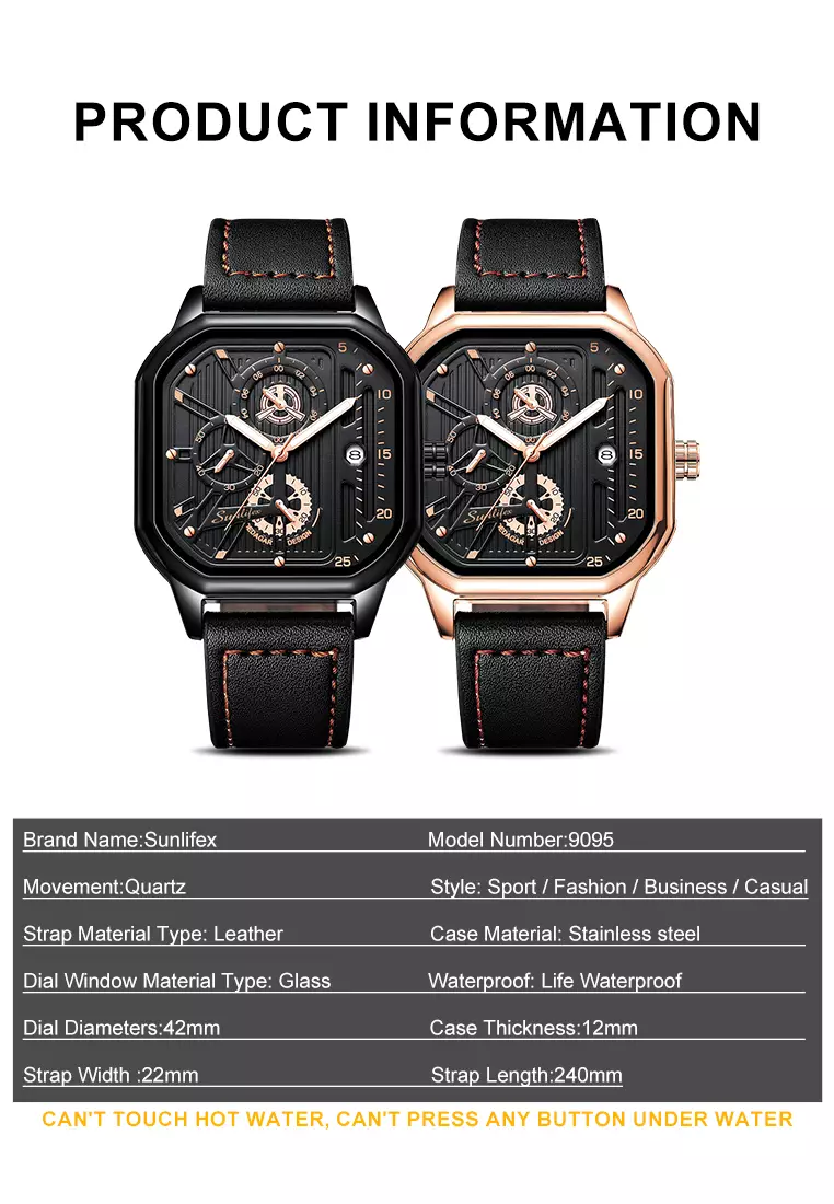 Jam Tangan Pria 9095 Kuarsa Olahraga Kasual Tali Kulit Pria Jam Tangan Cowok rose black