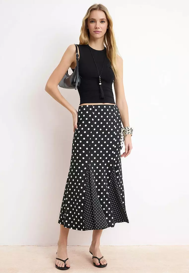 Black Polka Dot A-Line/A Bell Shape Regular Waist Flexible Knitted Skirt Twoss26Et63