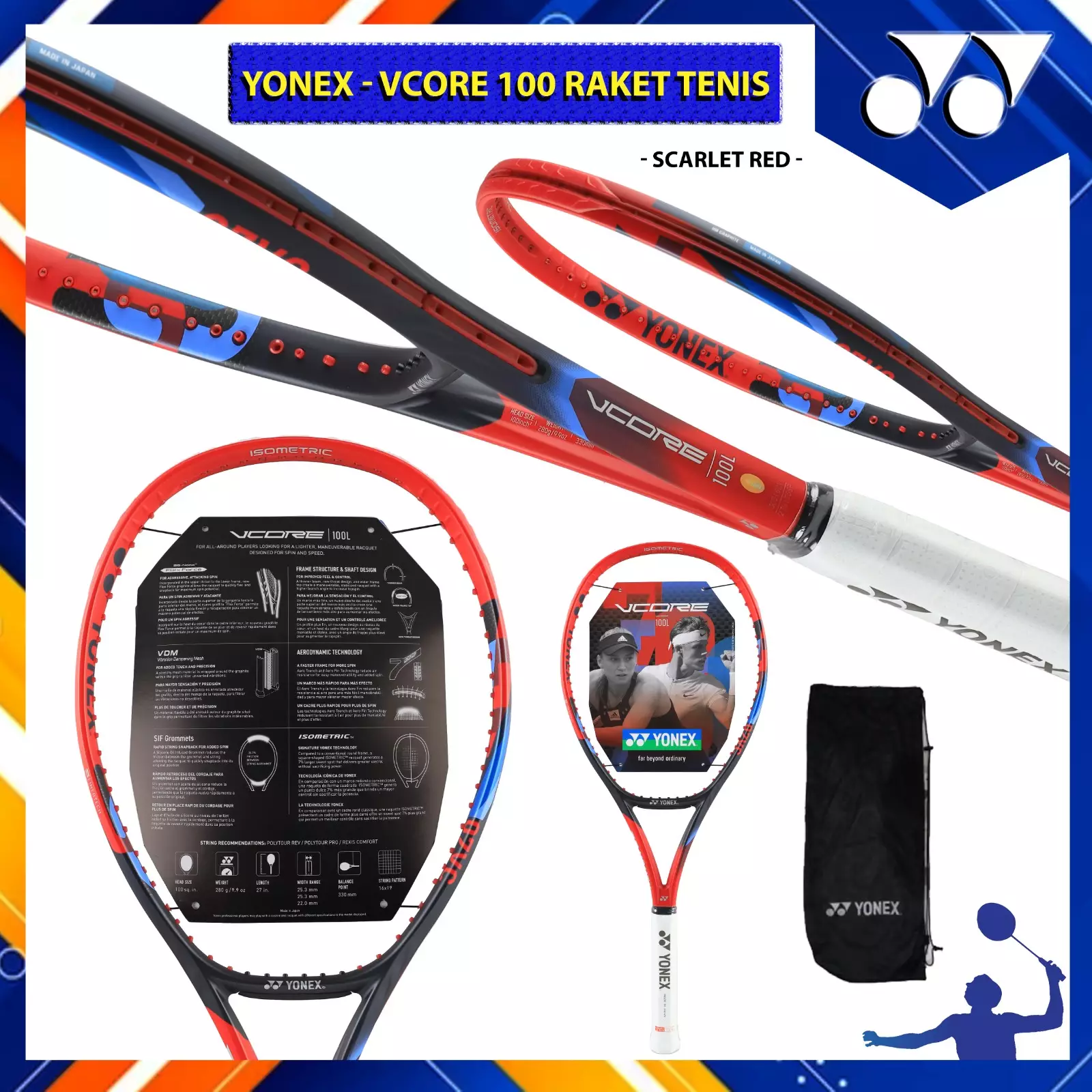 Raket Tenis Yonex VCORE 100L 280 gr 7TH Gen - SCARLET 2023 Jepang