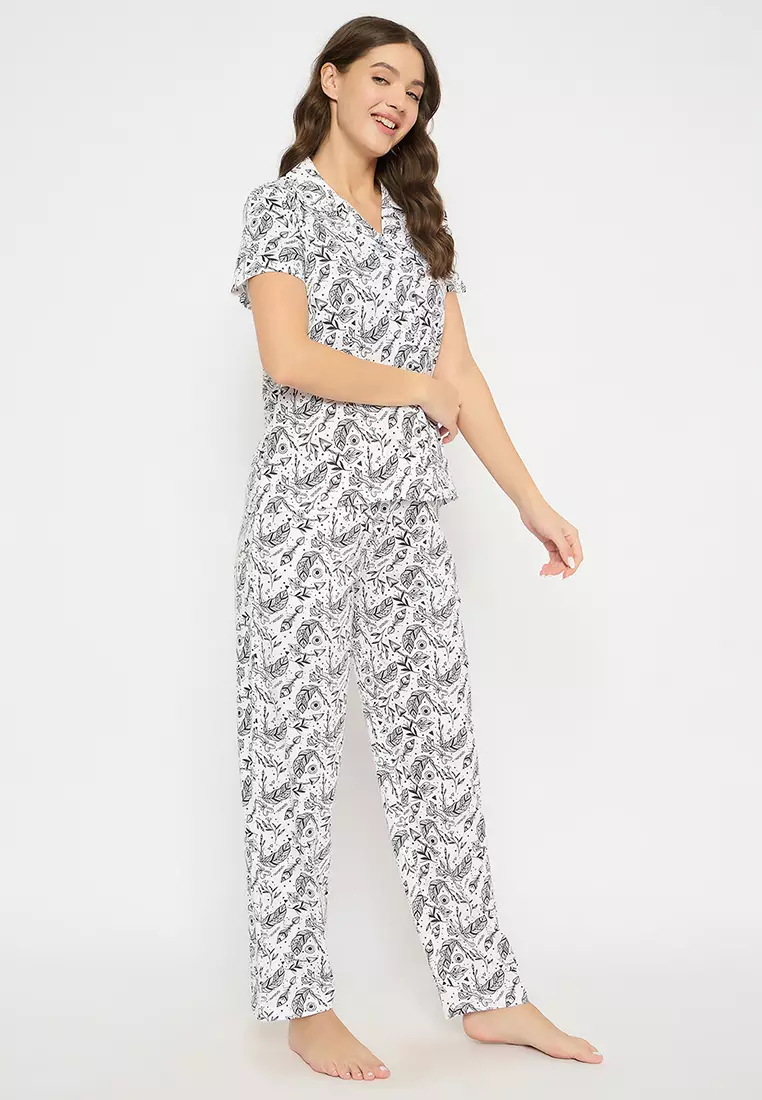Clovia Printed Button Down Shirt & Pyjama Set in White - 100% Cotton