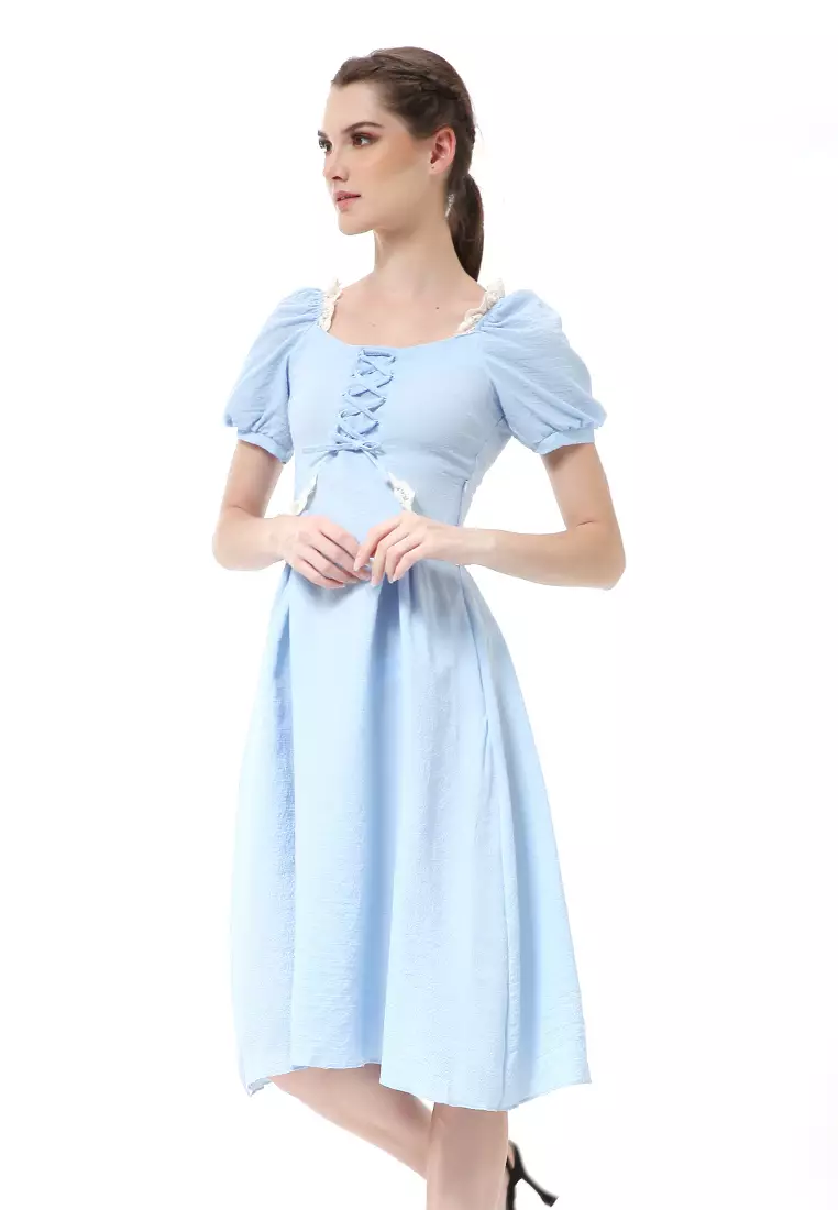 Rachel Slim Dress Wanita Model A-line Lengan Pendek Material Cotton ORIGINAL - Blue