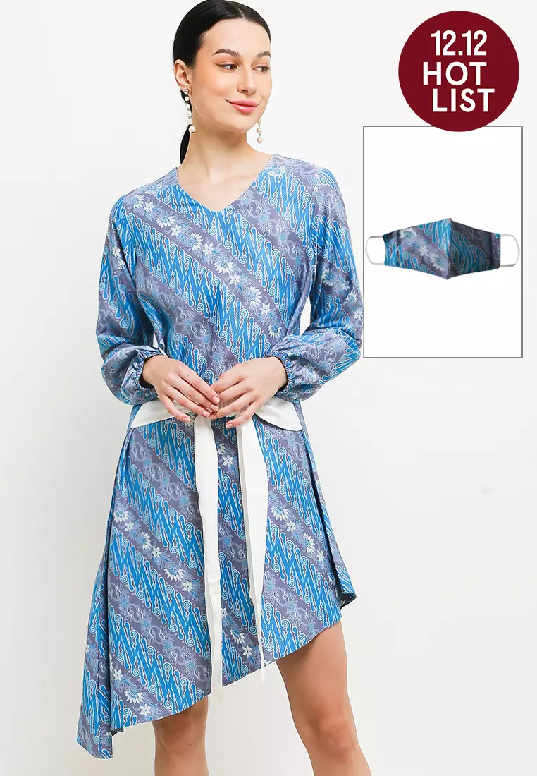 Eriss Dress In Blue Batik Print W/ Mask