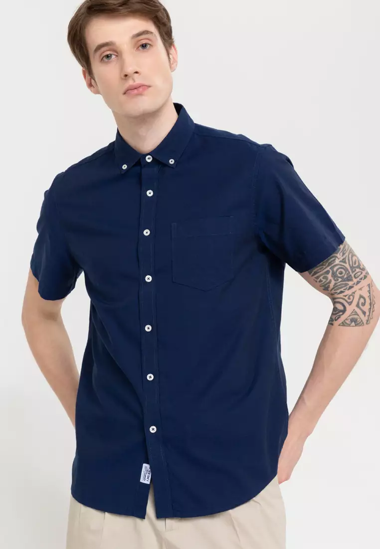 Woven Short Sleeves Casual Oxford Pea Shirt
