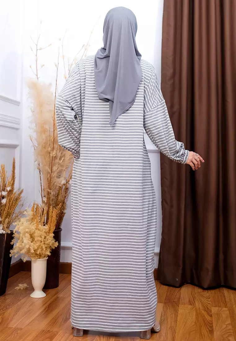 JV Hasanah New Abaya Shireen Big Stripes Dress Silver | Gamis Abaya Oversize Busui Lengan Batwing Full Karet