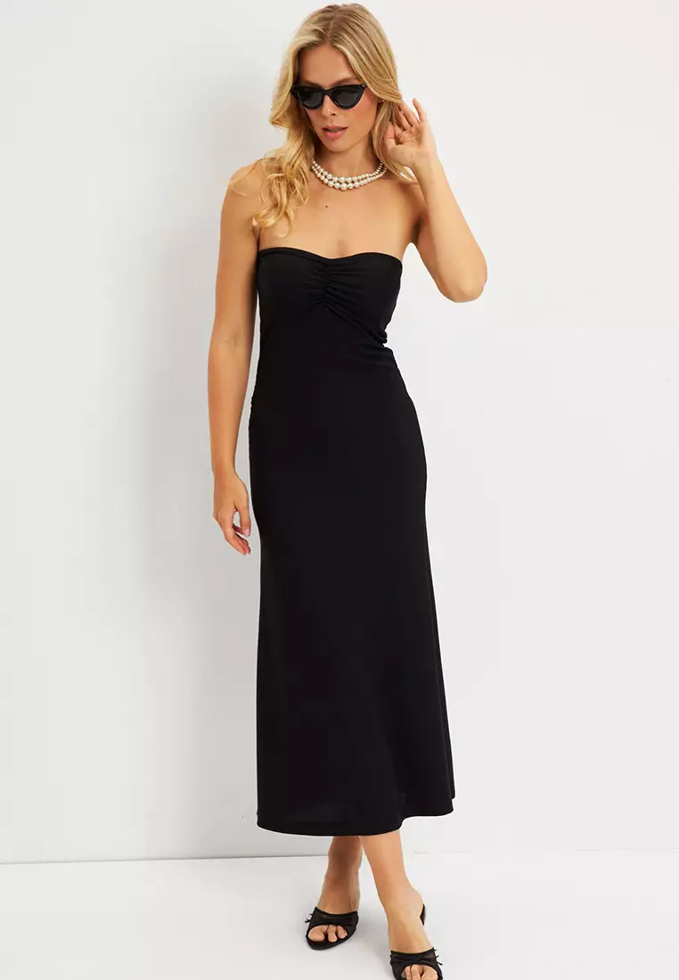 Strapless Ruched Midi Dress