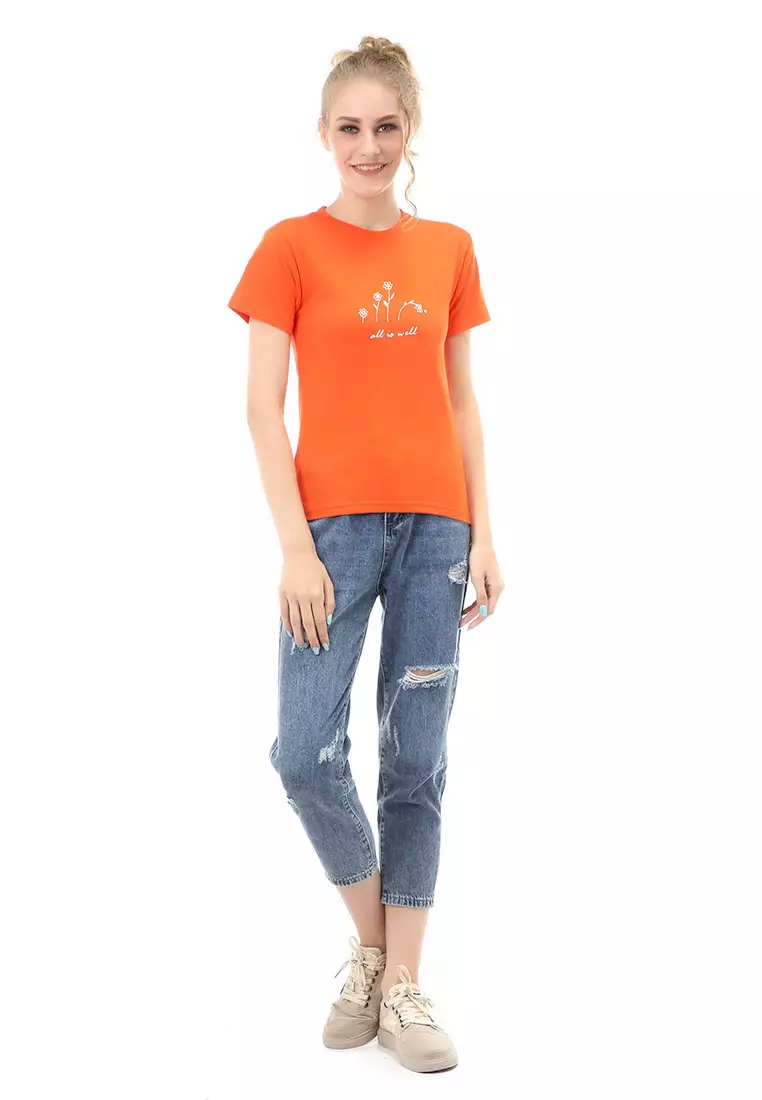 Genevie T-Shirt Kaos Kasual Wanita All Is Well Short Sleeve Material Cotton Combed ORIGINAL - Orange