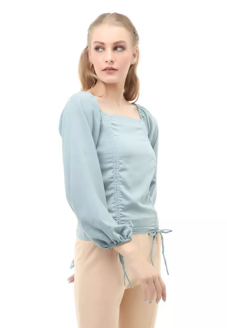 Cheva Blouse Atasan Wanita Sabrina Tali Lengan Panjang Casual Top Long Sleeve Comfortable Material Wolfis ORIGINAL - Mint