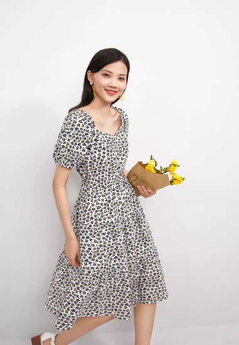Square Collar Flare Floral Midi Dress