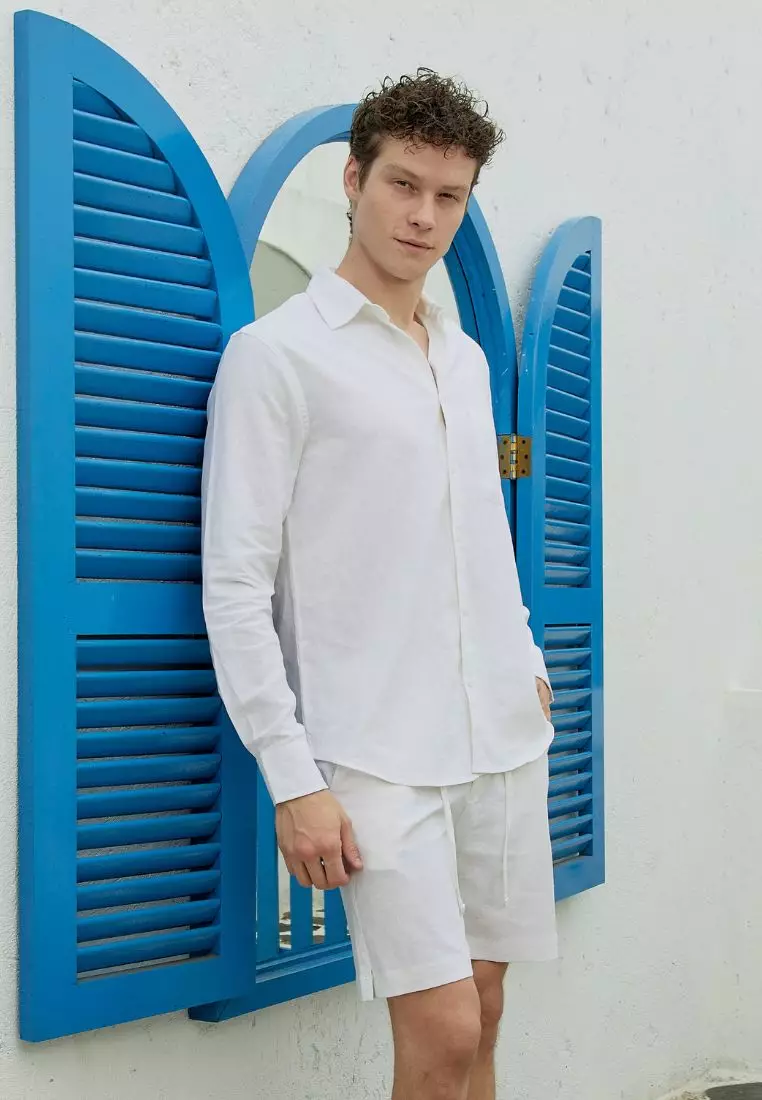 Winter Setelan Kemeja Celana Linen Set Pria Putih | Linen Set Men White