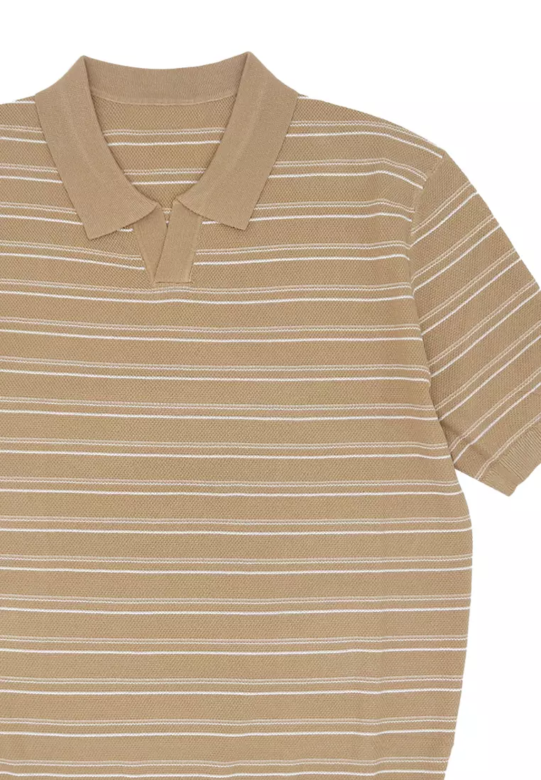 Men's Stripes Knit Poloshirt - Caramel/White