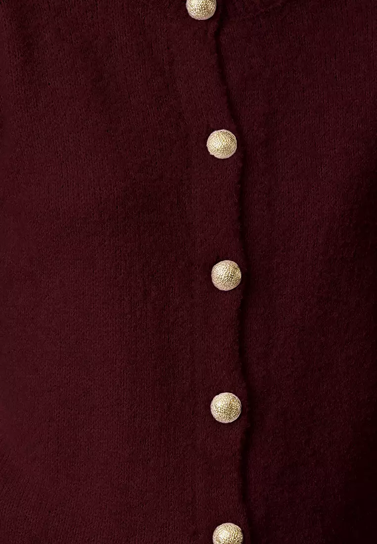 Burgundy Button Detailed Soft Textured Knitwear Cardigan