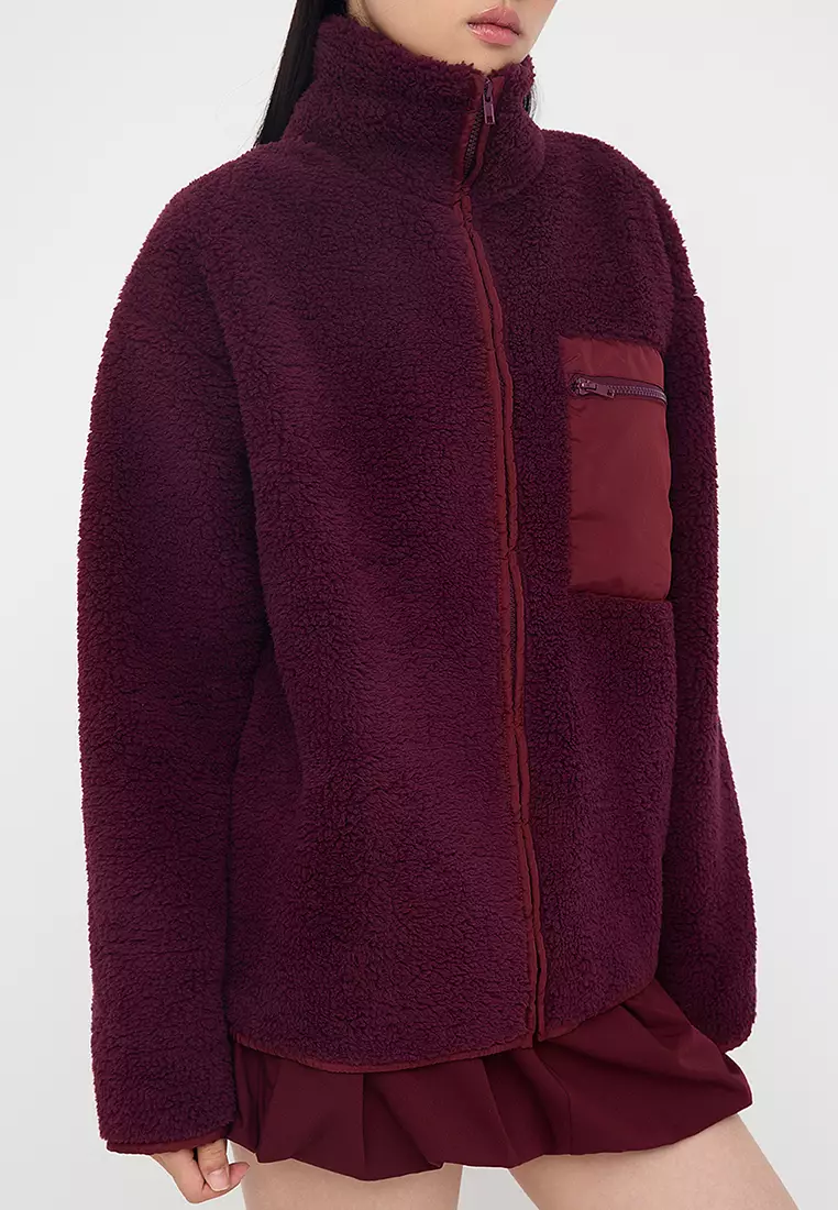Winter Essentials Plum Fleece Zippered Stand-Up Collar Pocket Detailed Knitted Sweatshirt Twoaw24Sw00071
