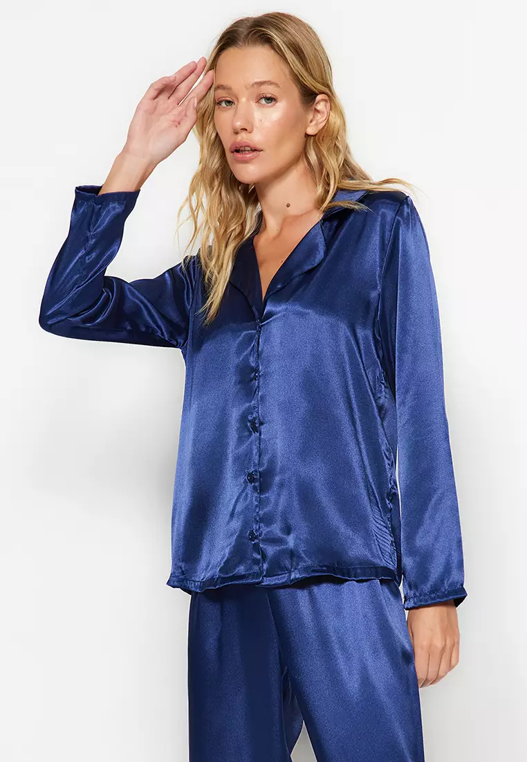 Navy Blue Satin Shirt-Pants Woven Pajamas Set